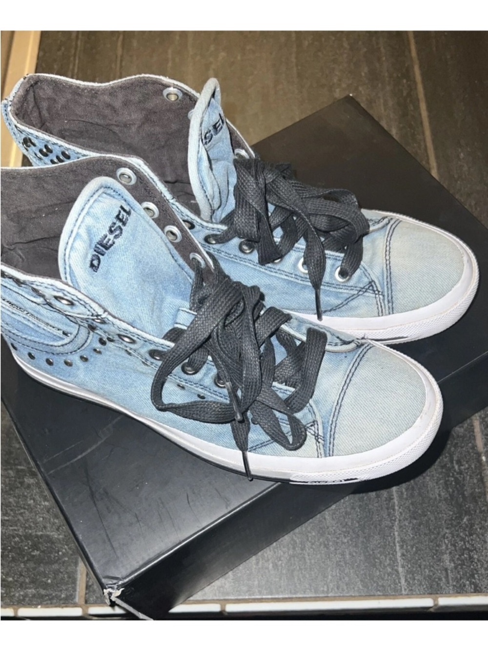 Diesel Light Blue Denim High-Top Sneakers with Black Laces